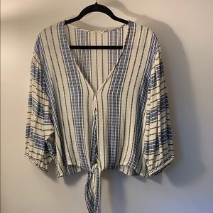 Lovestitch Blue and White Stripe Tie Front 3/4 Sleeve Blouse